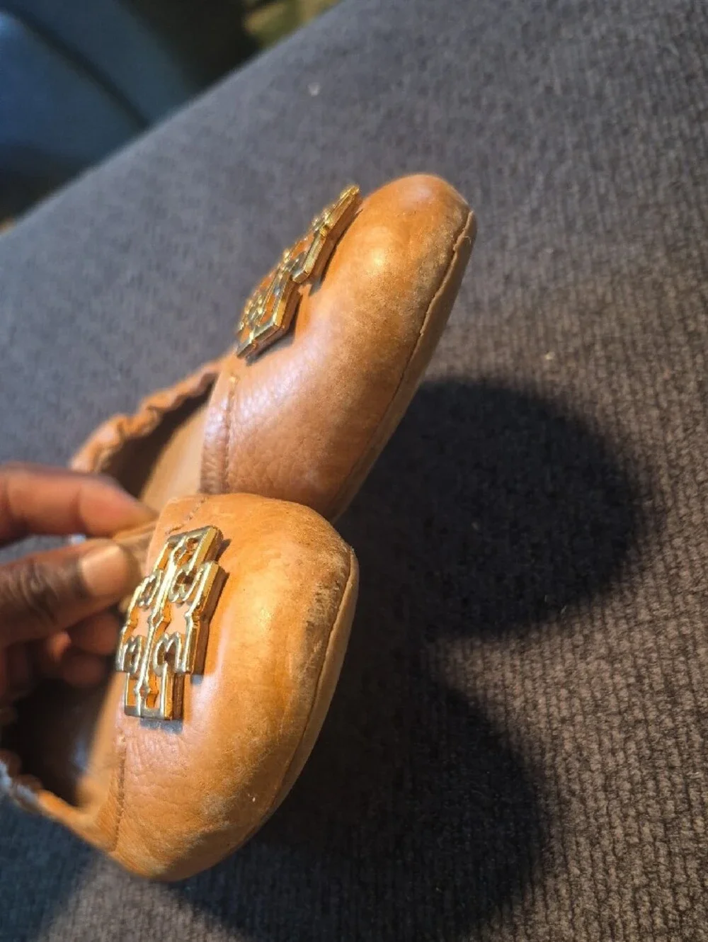 Tory Burch Caramel Leather Ballet Flats with Gold Logo
